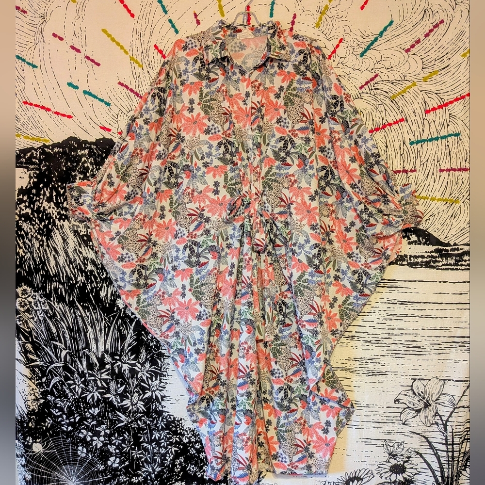 Floral Boho Jungle Print Caftan Midi Shirt Dress